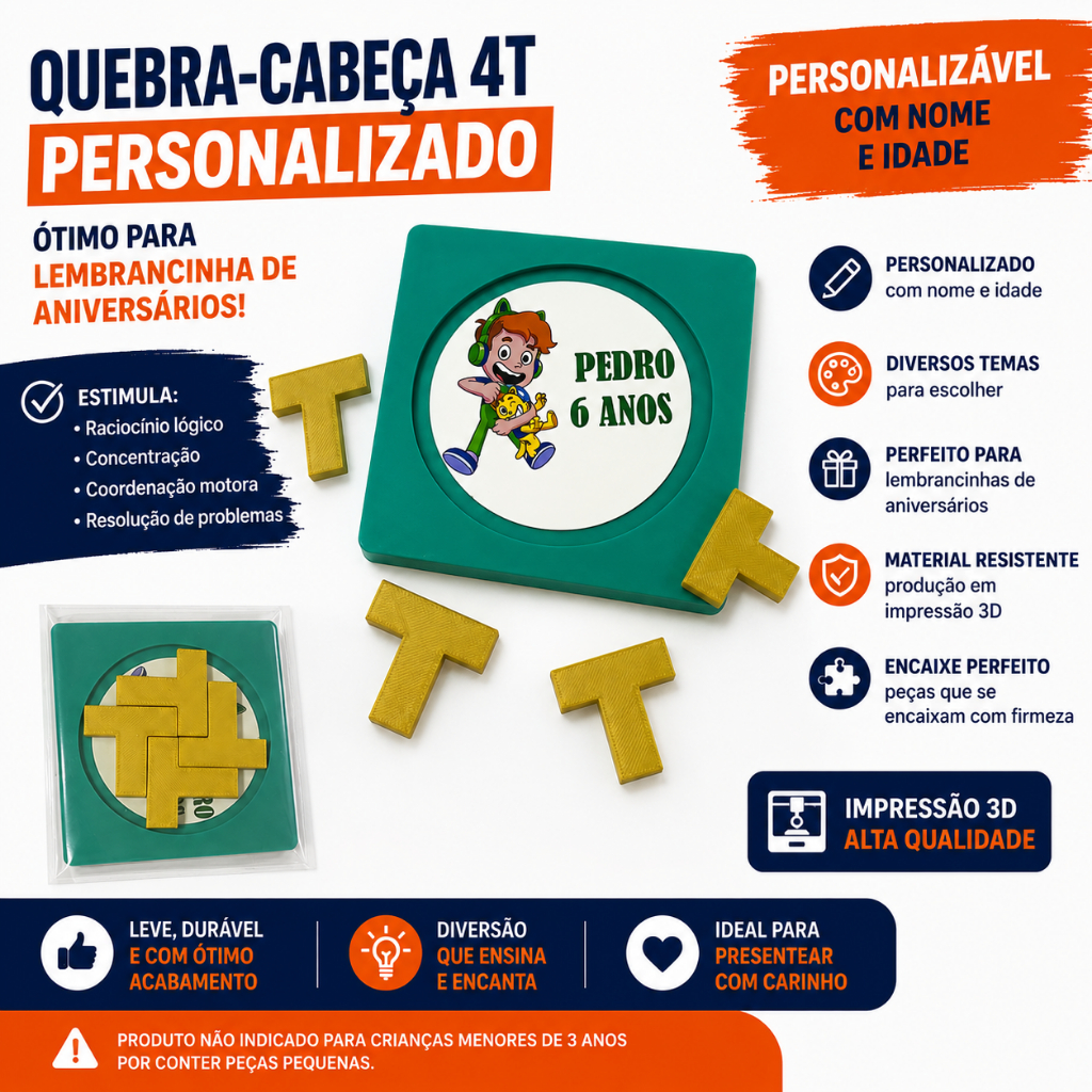 Quebra-Cabeça 4T Personalizado com Nome e Idade | Lembrancinha de Aniversário | Brinquedo Educativo | Impresso em 3D