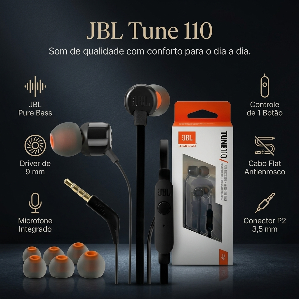 Fone de Ouvido JBL Original Intra Auricular com fio Tune 110 Entrada Cabo P2