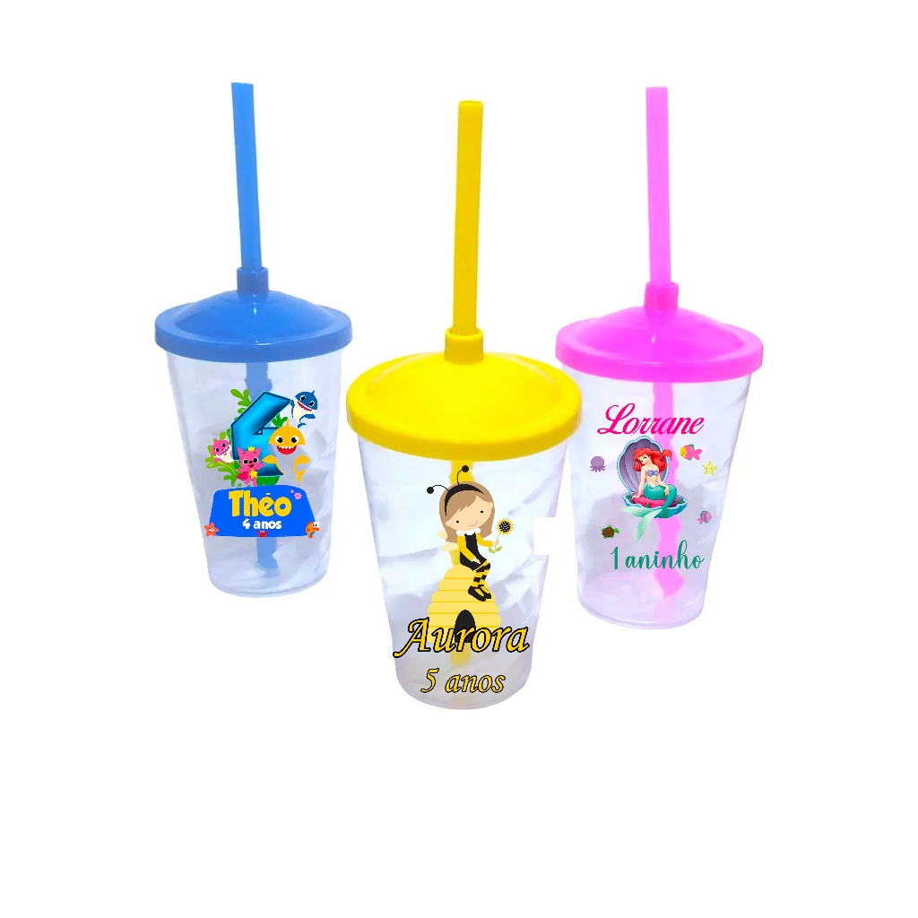 Kit C/ 40 Copos Twister Personalizado 300ml C/Tampa e Canudo Lembrancinha de Aniversário Infantil