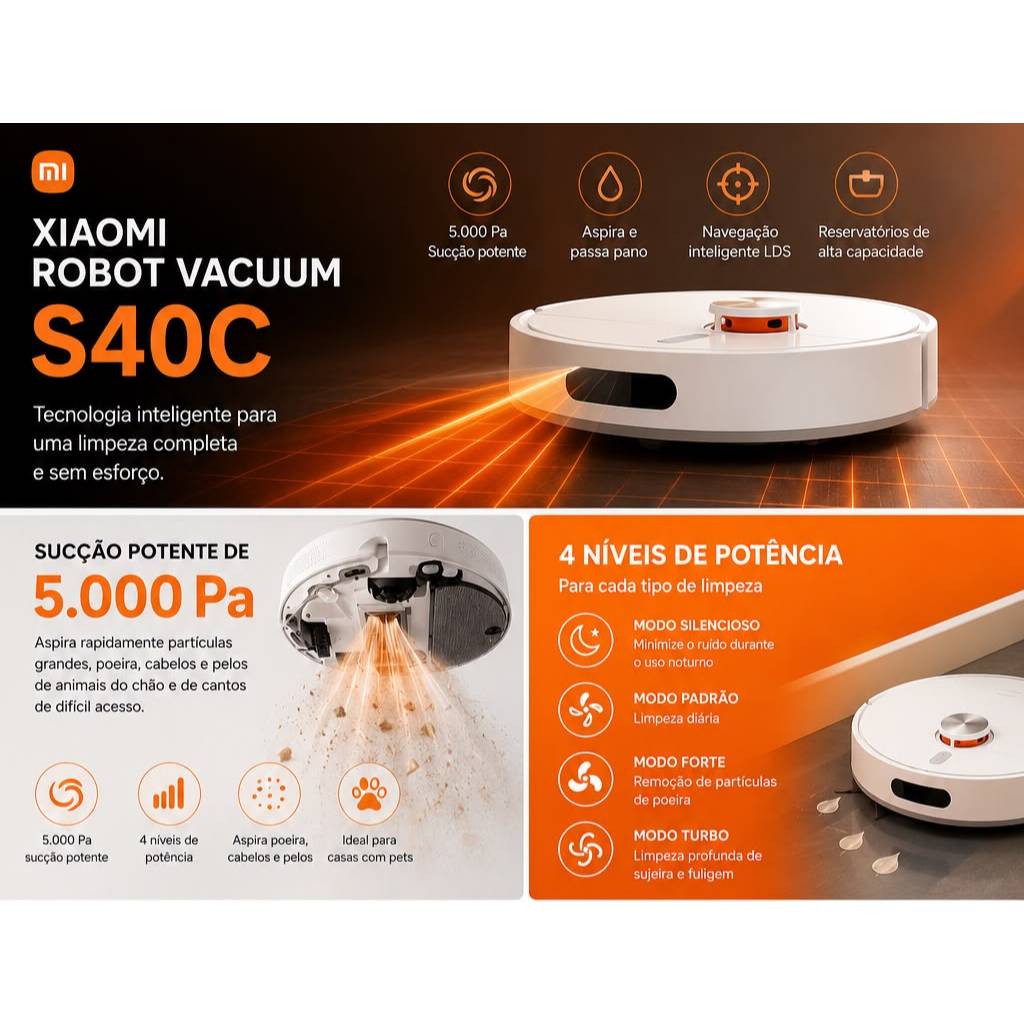 Robô Aspirador Xiaomi S40C Inteligente 5000Pa Mapeamento 3D Controle App Alexa G