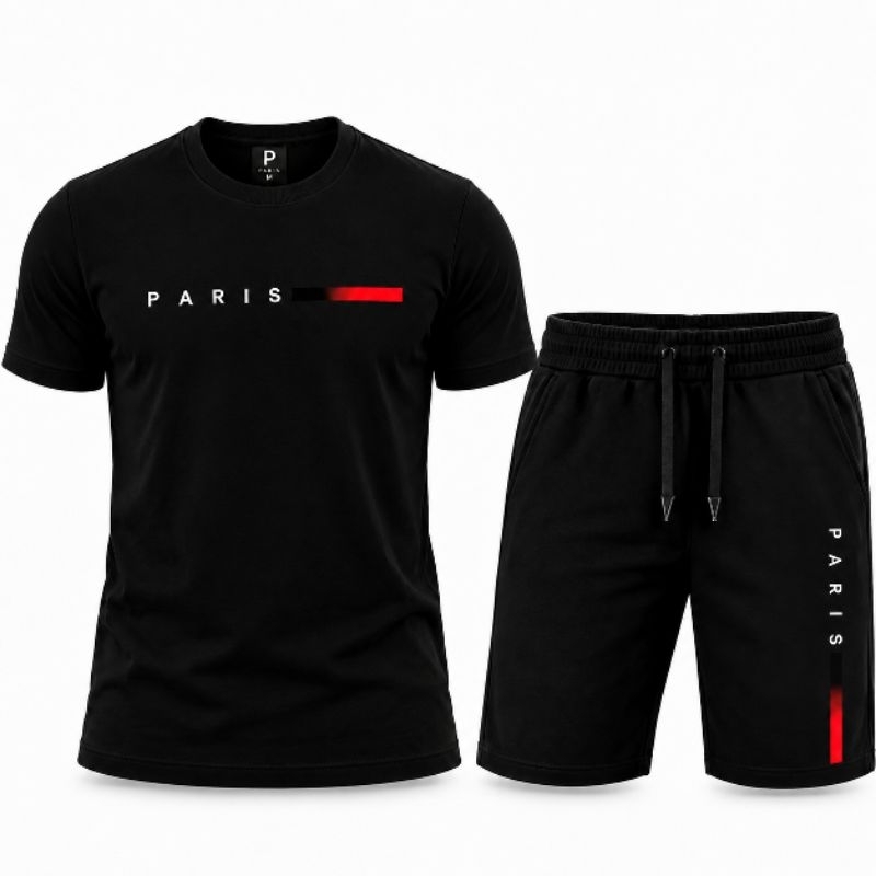 Kit Camiseta Masculina + Short Moletinho Paris Casual Conjunto Premium Confortável Academia Passeio