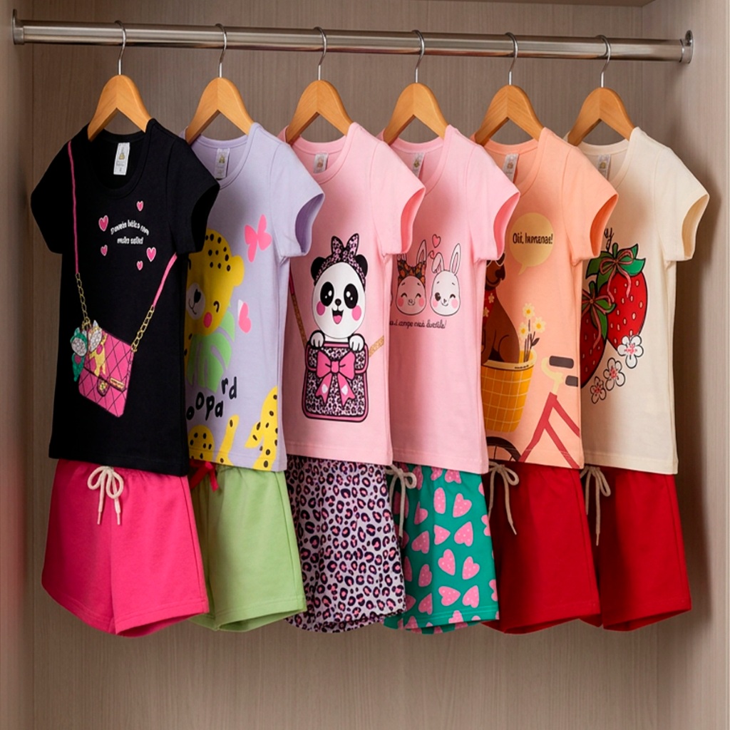 Kit Sortido 12 Peças de Roupas Juvenil Menina - 6 Camisetas + 6 Bermudas - Kit com 6 Conjunto de Verão Feminino Juvenil · foto 2