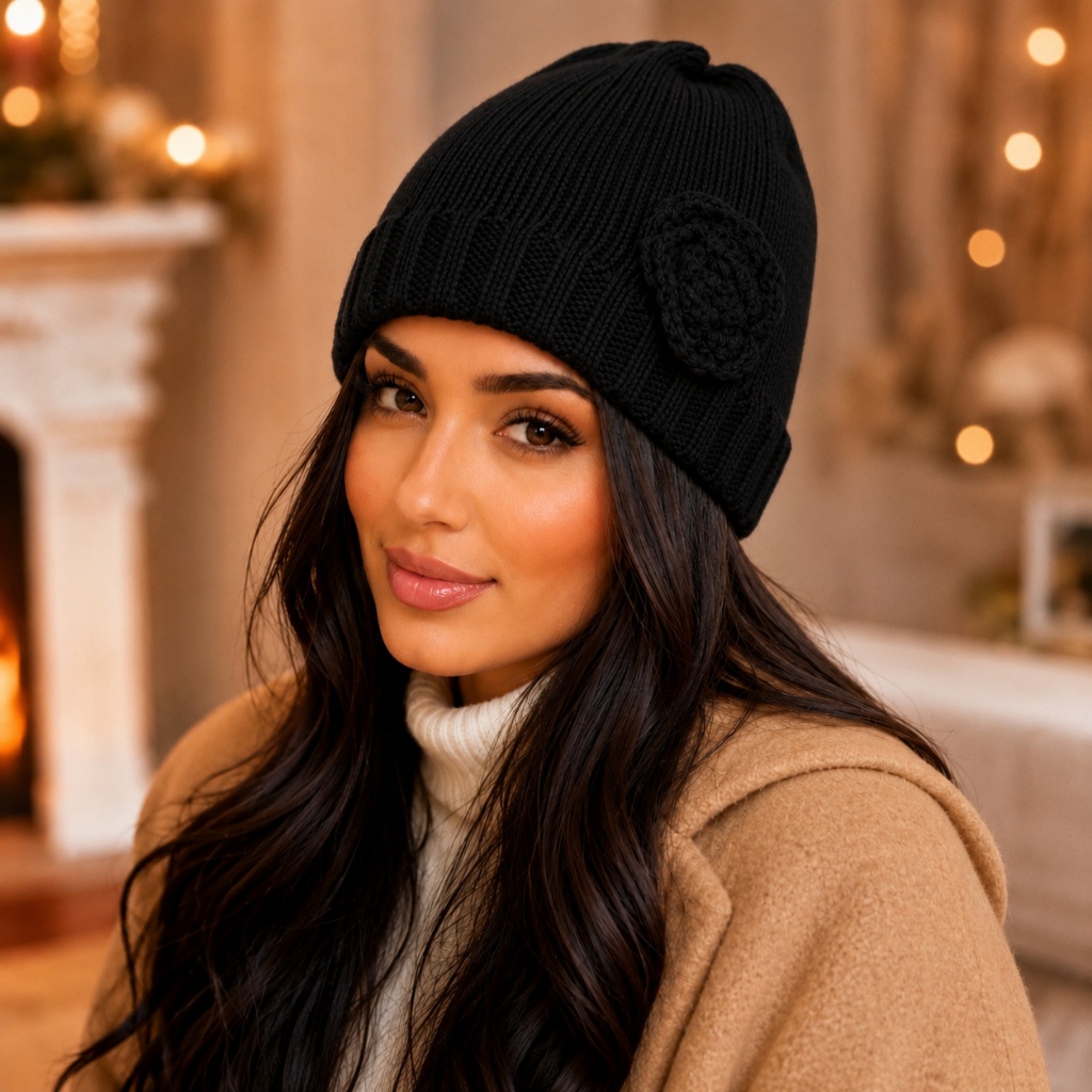 Touca Gorro Feminina Tricô com Flor Lateral Inverno Quente Macia Elegante Cores Diversas