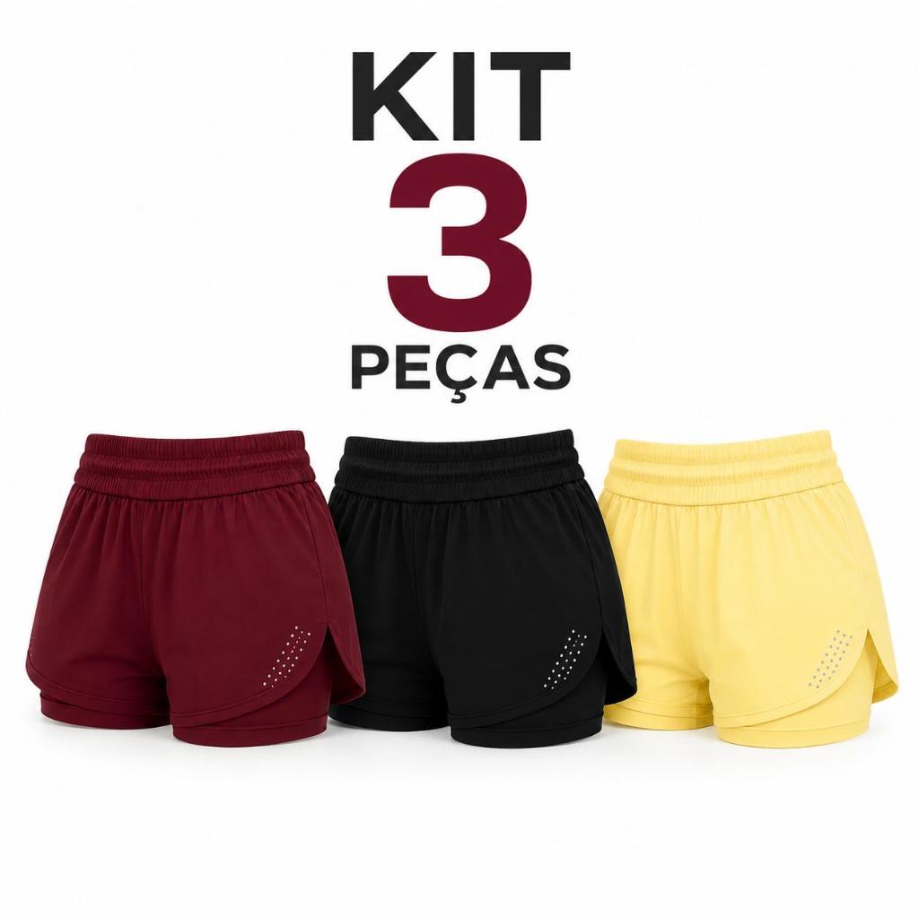 Kit 3 Shorts Fitness Feminino Duplo Cintura Alta Forro Interno Academia Corrida Caminhada