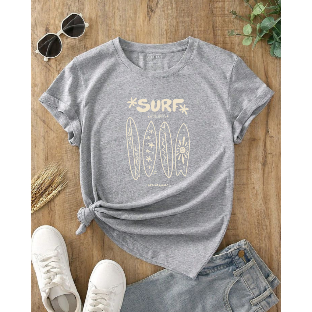 Camiseta Cinza Estampa Surf Beach Moda Feminina 100% T-shirt Algodão Premium Casual Confortável Estilosa Versátil