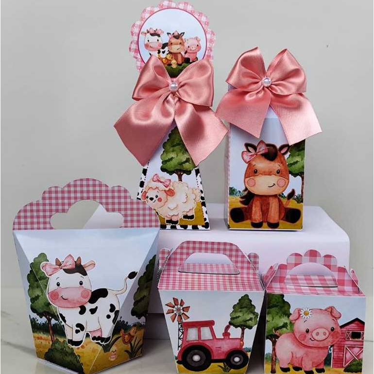 Kit Festa Personalizado Fazendinha Rosa - caixinhas para Aniversário - Lembrancinhas - Envio Rápido.