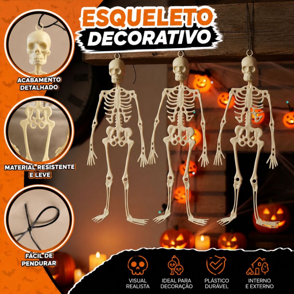 Kit Esqueleto Halloween PVC Realista 34cm Decoração Festa Assombrada Dia das Bruxas Chaveiro Enfeite Presente