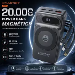 Power Bank Magnético 20000mAh 22.5W PD Carregador Portátil Com Cabos Integrados Display Digital