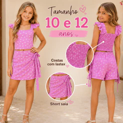 Conjunto Infantil Feminino Cropped + Saia Shorts Estampado Moda Verão Moda Infantil Blogueirinha
