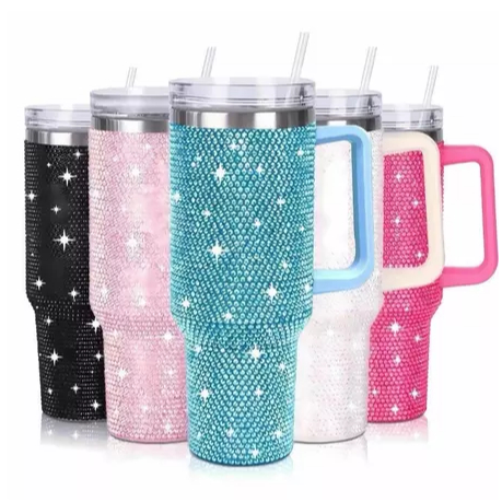 Super Novidade! Copo Térmico 1200ml Com Strass Brilhante Com Alça Tampa E Canudo de Plastico