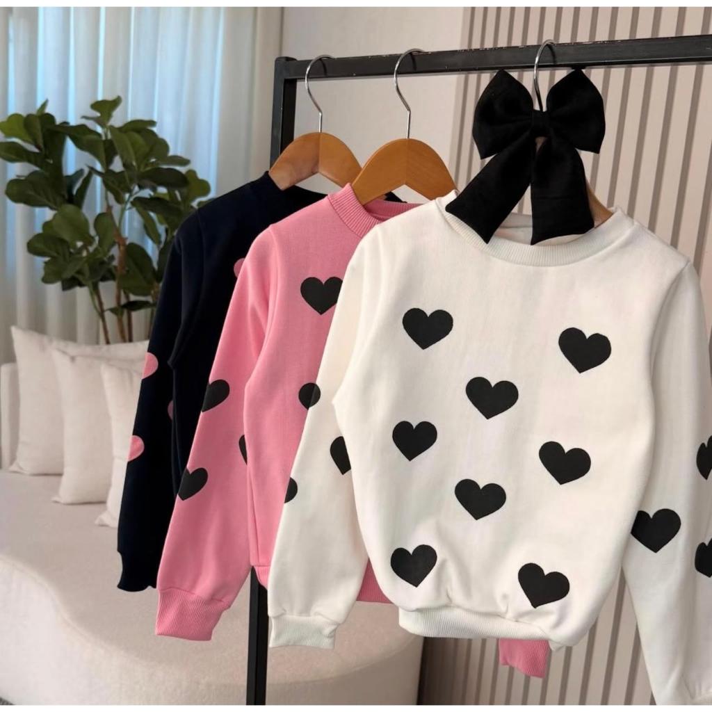 Blusa Moletom Infantil Feminina Manga Bufante Estampa Coração Casaco De Frio Menina Inverno Estilo Blogueirinha