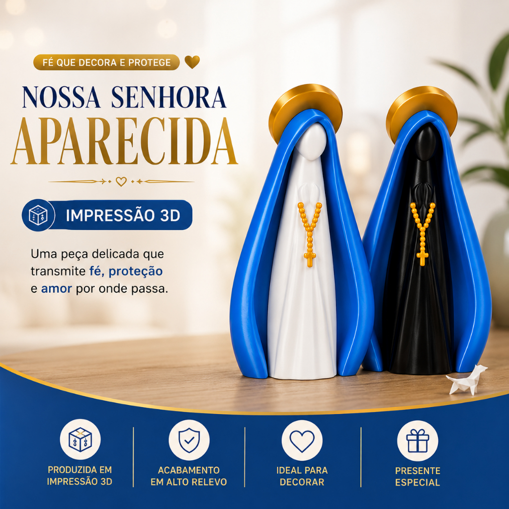 Imagem Nossa Senhora Aparecida 10, 15 e 20cm em Impressão 3D | Decoração Religiosa | Presente Católico