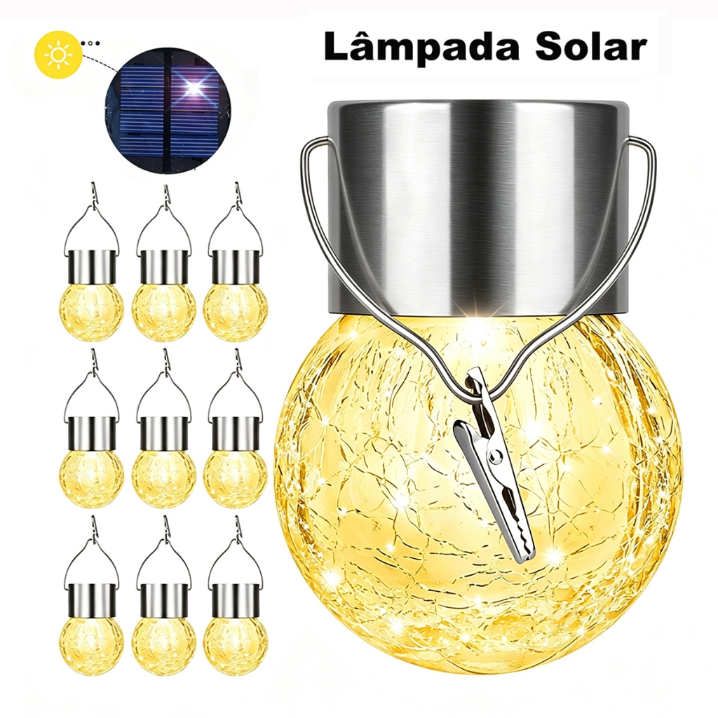 Lâmpada Solar Vidro Rachado Com Presilha Clipes Decoração Jardim Externa IP65