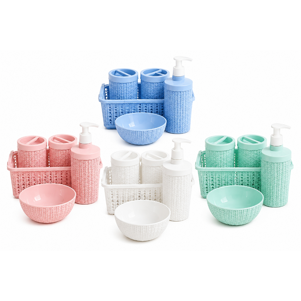 Kit Higiene Bebê Trama 5 Peças Colorido Plástico Quarto Bebê Organização Infantil Porta Algodão Cotonete Bebe Plasútil