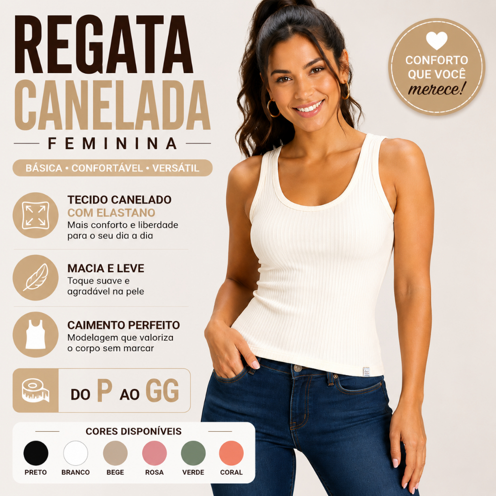 Blusinha Regata Feminina Ribana Canelada Básica Confortável Moda Casual Leve Academia 25622-C1