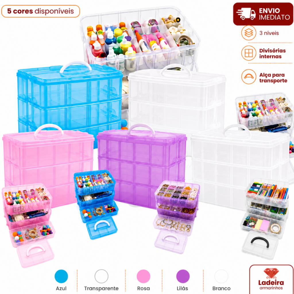 Maleta Plástica Multiuso Grande 3 Andares 26x16cm Para Maquiagem ou Artesanato