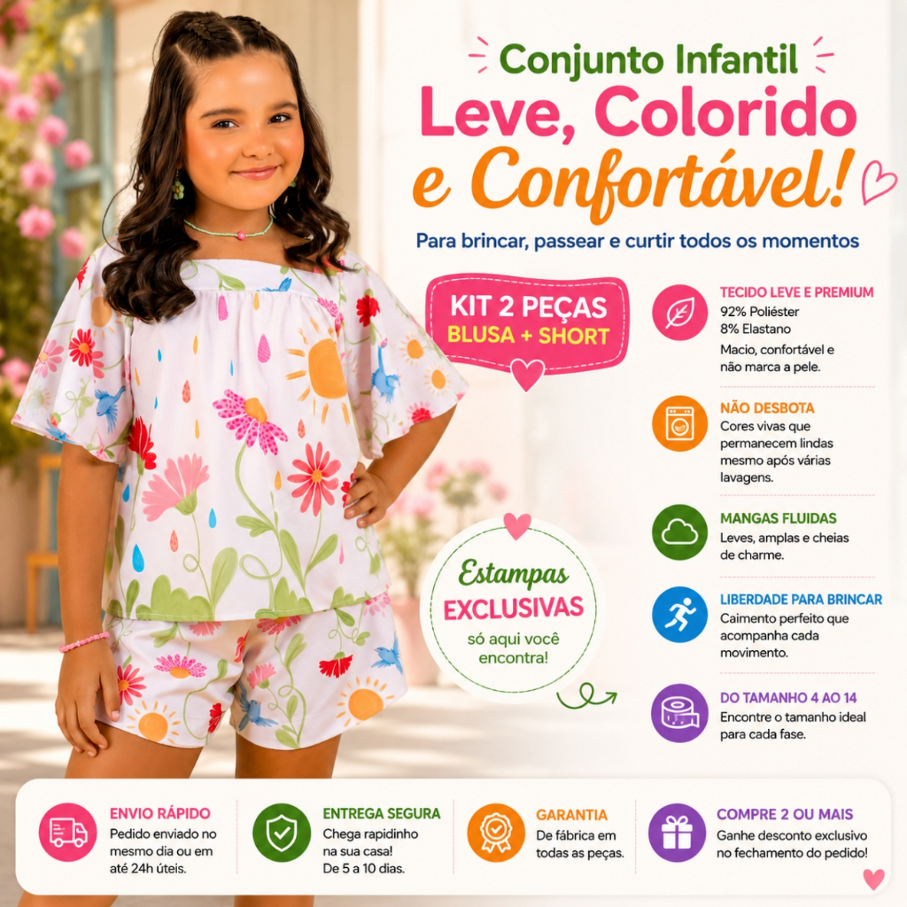 Roupa Infantil Menina Floral Colorido – Kit 2 Pçs: Short + Blusa Estampas Exclusivas