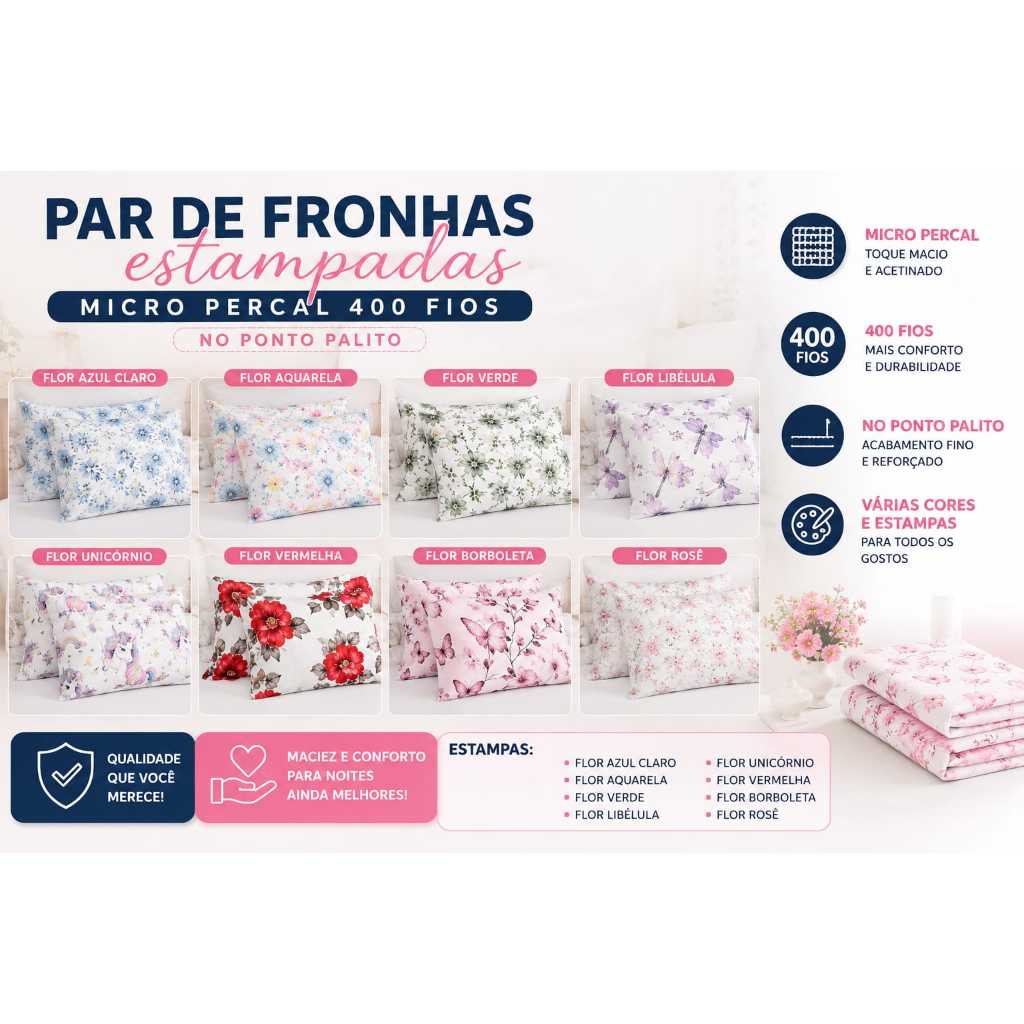 Par de Fronha Estampada Micropercal 400 Fios Ponto Palito