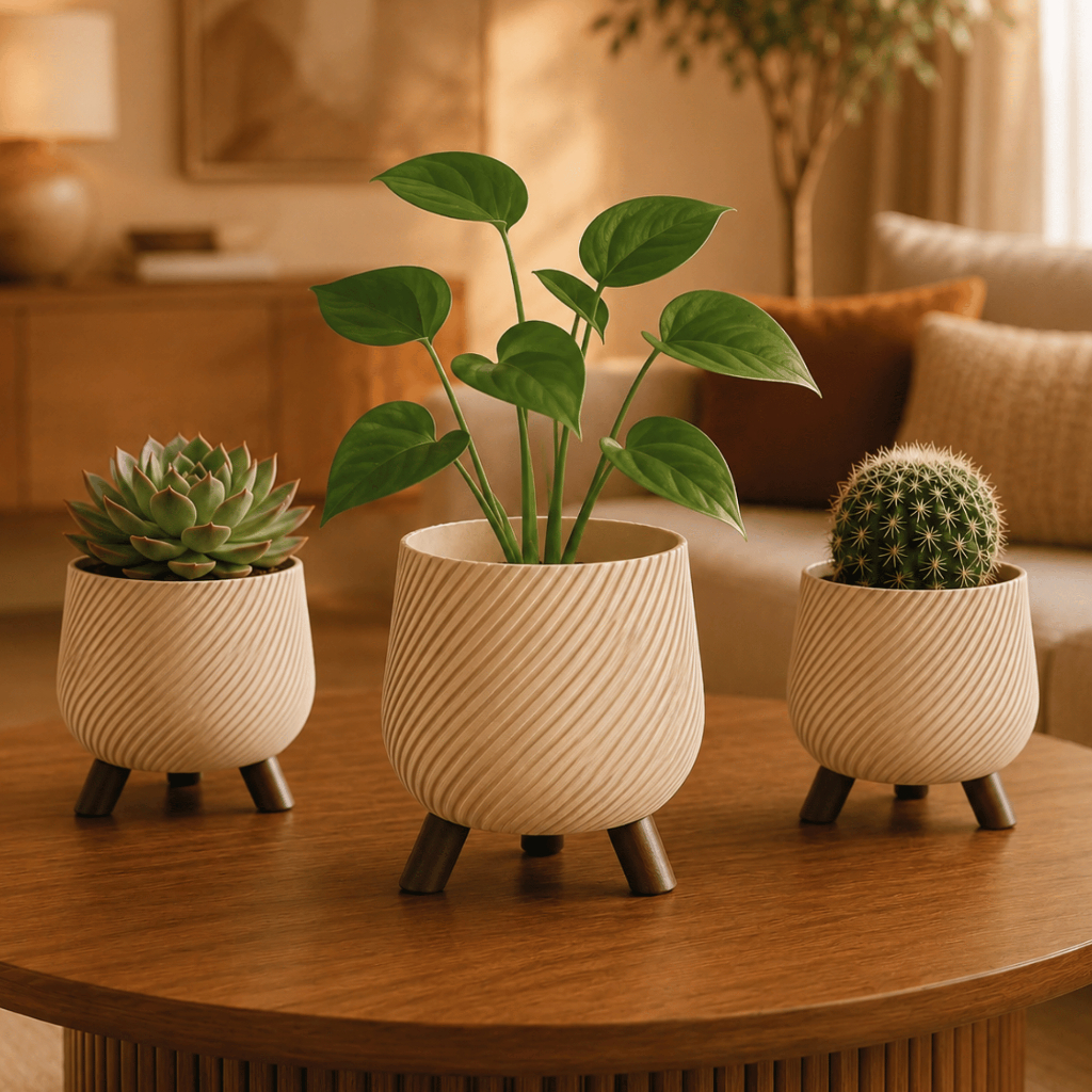 Kit 3 Vasos Cachepô Decorativos Espiral Japandi com Pés Marrom