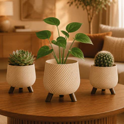 Kit 3 Vasos Cachepôt Decorativos Espiral Japandi com Pés Marrom