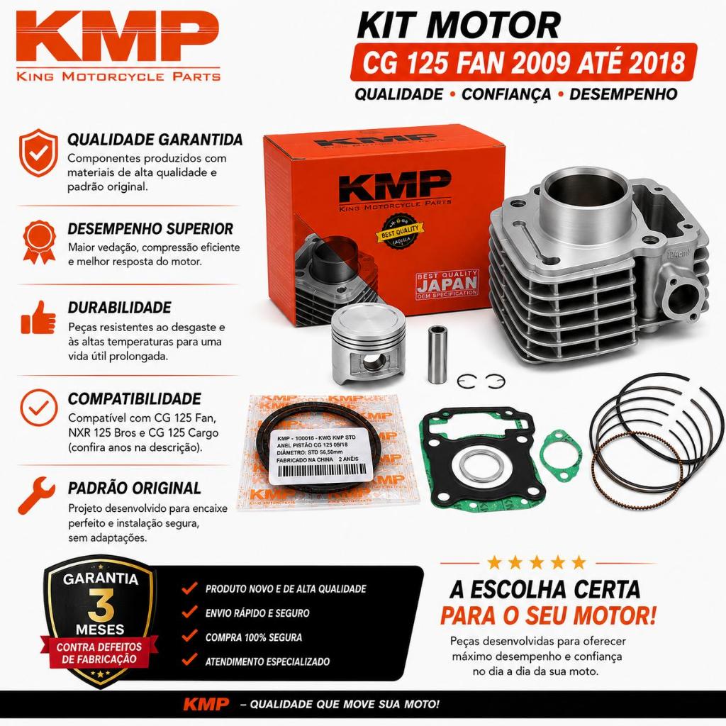 Kit Cilindro / Pistão/ Anéis/ Pinos/ Travas/ Honda Fan125 2009 em Diante Kmp — imagem 2 de 2