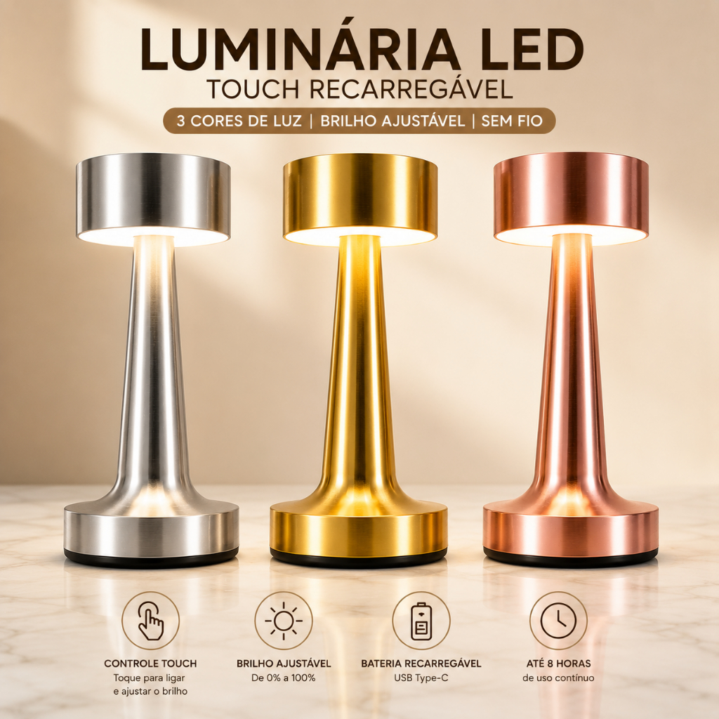 Luminária de Mesa LED Touch Recarregável USB-C Sem Fio com 3 Cores de Luz e Brilho Ajustável 0%–100%