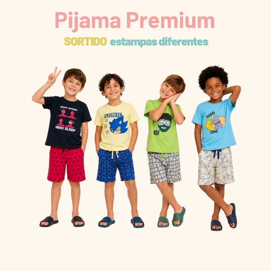 Kit Pijama Infantil Conjunto Menino Verao Tecido e Confortavel Estampas de Personagens Sortidas Camiseta Short Algodao