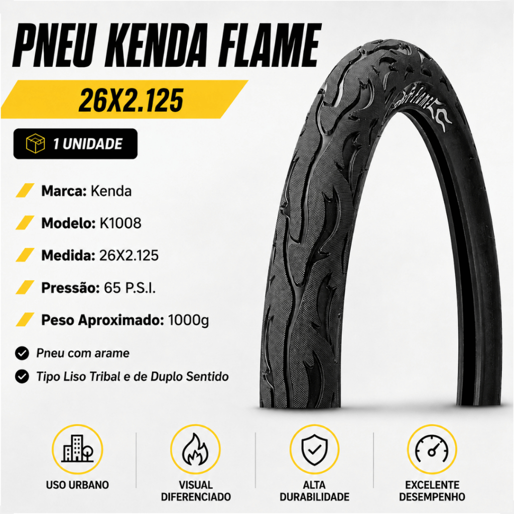 Pneu Aro 26 X 2.125 Bike Kenda Flame Slick Modelo Fogo Balão Bicicleta Montadinha motorizada