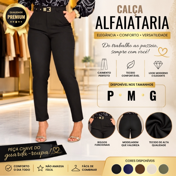 Calça Social Alfaiataria premium Confortável Feminina Cintura Alta ziper lateral e bolso Com cinto