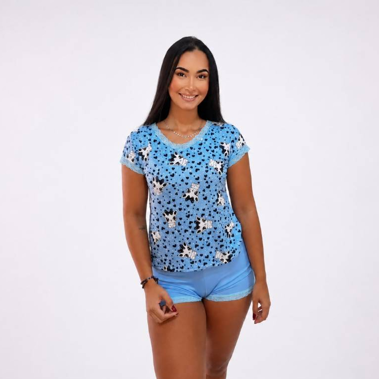 Pijama Feminino Adulto Manga Curta Suede Verão