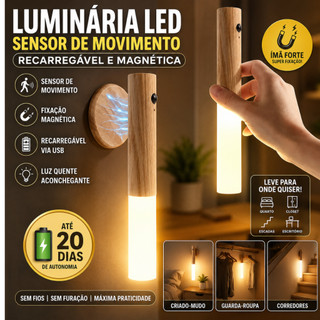 Luminária LED Sensor de Movimento Recarregável Arandela Magnética para Parede e Mesa