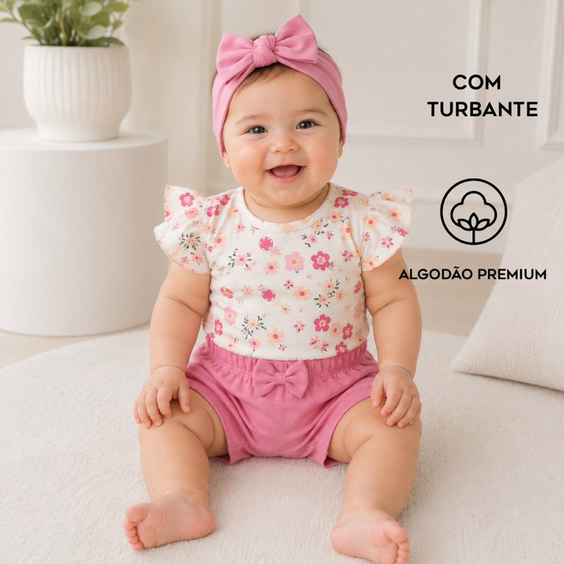 Conjunto Bebê Menina algodão Premium – Body, shorts com turbante ou faixa verão/ Meia Estação