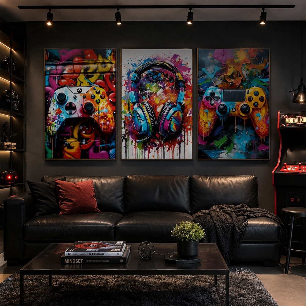 3 Quadros Decorativos Gamer Conexão Pop: Arte Urbana e Jogos com Moldura Sala Quarto Escritorio