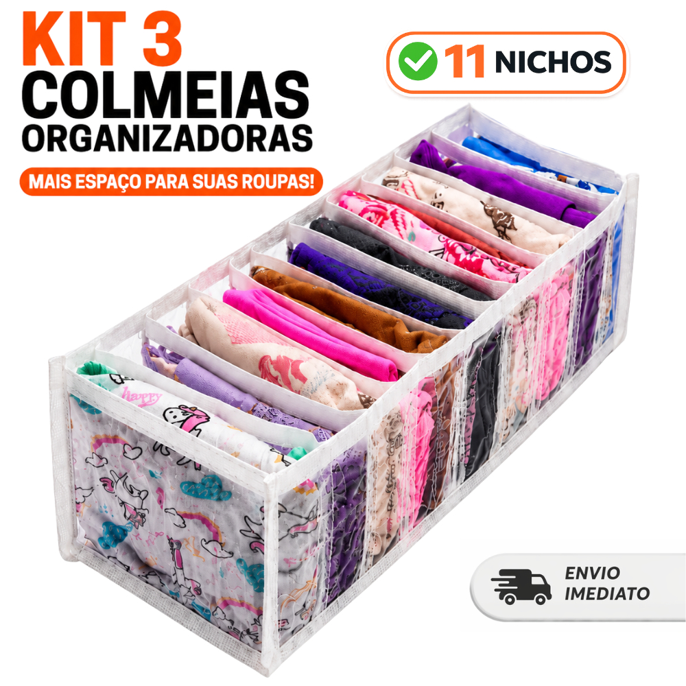 Kit 3 Colmeia Organizadora "P" Gaveta Transparente 11 Divisórias Organizador Cuecas Calcinhas Meias