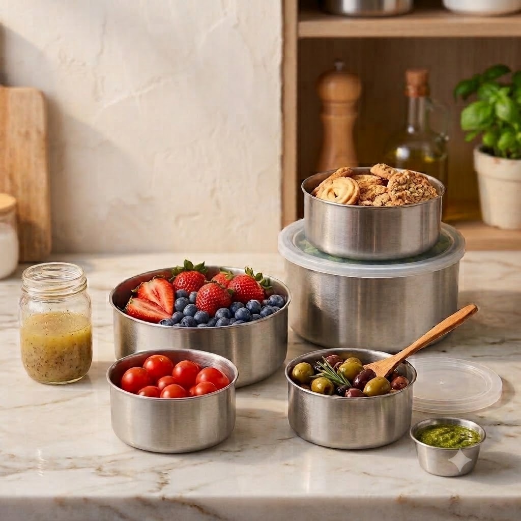 Conjunto 5 Potes Herméticos Inox Redondos Tampa Plástica Organizador Geladeira Porta Mantimentos Cozinha