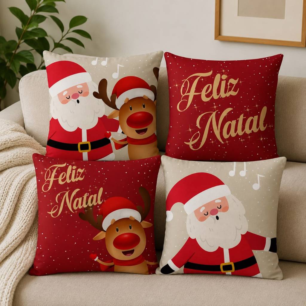 Kit 4 Capas de Almofada Personalizada Natal Frase Natalino Feliz Natal Decorativo 45x45 Quarto Cama Sala Sofá
