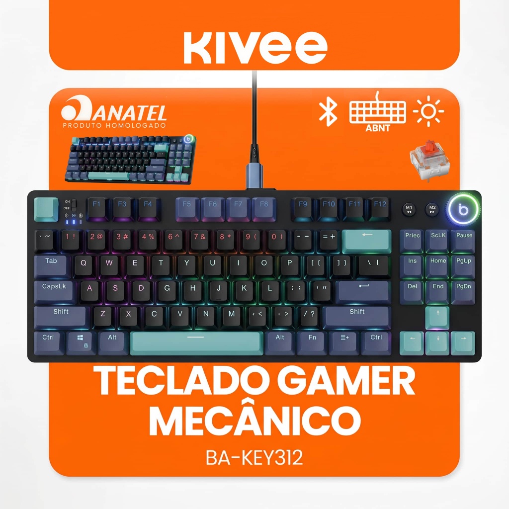 Kivee X Basike Teclado Mecânico Gamer Triplo Modo RGB Bluetooth 2.4G Fio Bateria 2000mAh Longa Duração KEY312