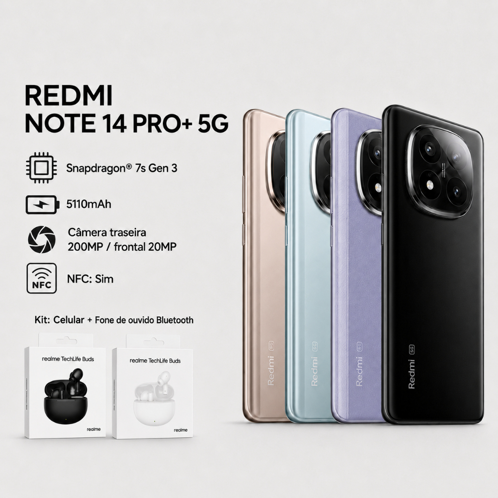 Kit：Redmi Note 14 Pro+ 5G +Realme Techlife Buds , Versão Global Câmera 200MP, pr