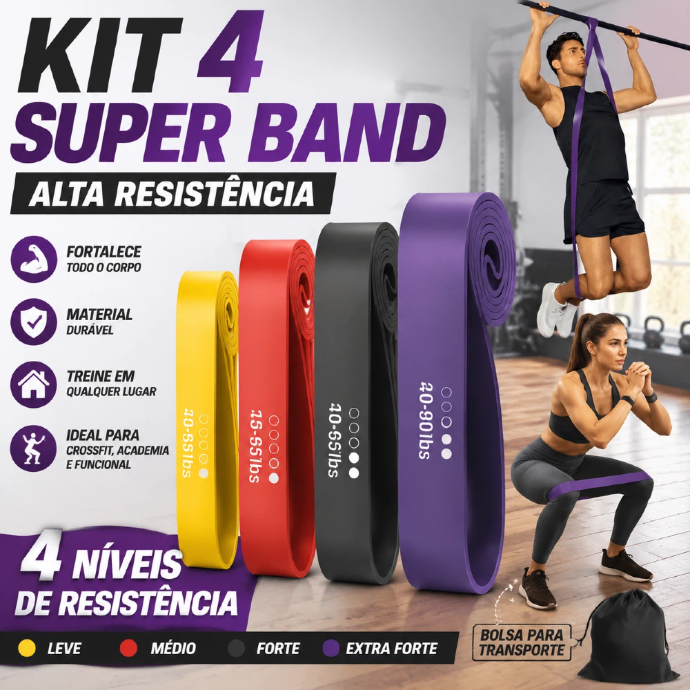 Faixa Elástica Super Band Kit 4 Tensões Alta Resistência para Crossfit, Academia e Exercícios Funcionais