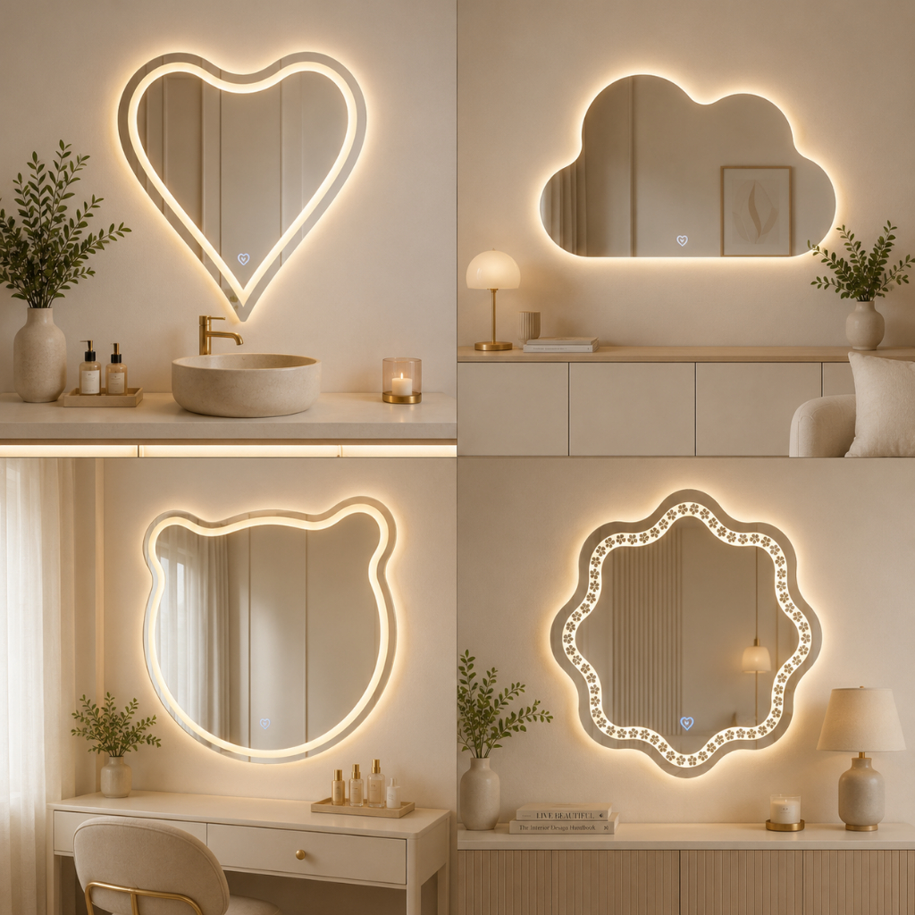 Espelho Infantil 60X60cm 3 Tons de LED Decorativo | Modelos Nuvem, Ursinho, Coração e Flor | Botão Touch Criança