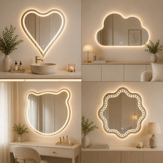 Espelho Infantil 60X60cm 3 Tons de LED Decorativo | Modelos Nuvem, Ursinho, Coração e Flor | Botão Touch Criança