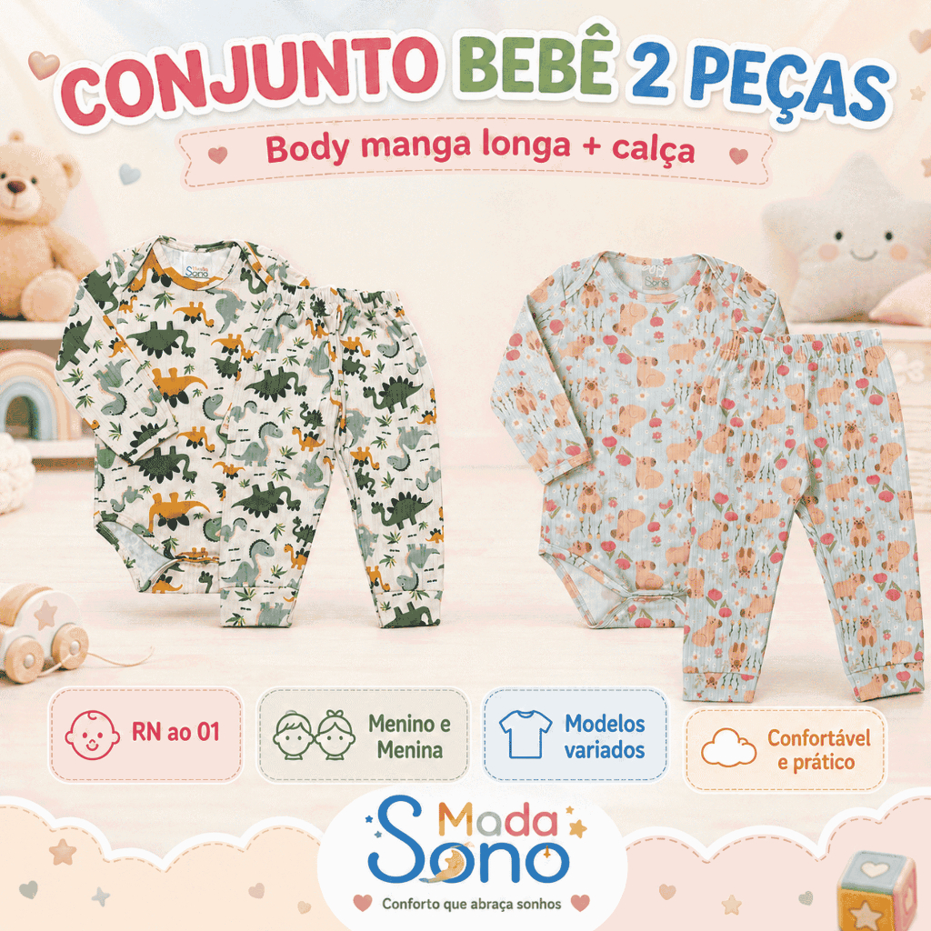 Conjunto Body Calça Macio Confortável Moda Meia Estação Bebe Infantil