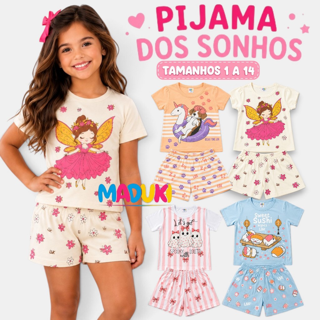 Kit 6 Peças Pijama Infantil Menina Verão Manga Curta Shorts Tam. 1 ao 14