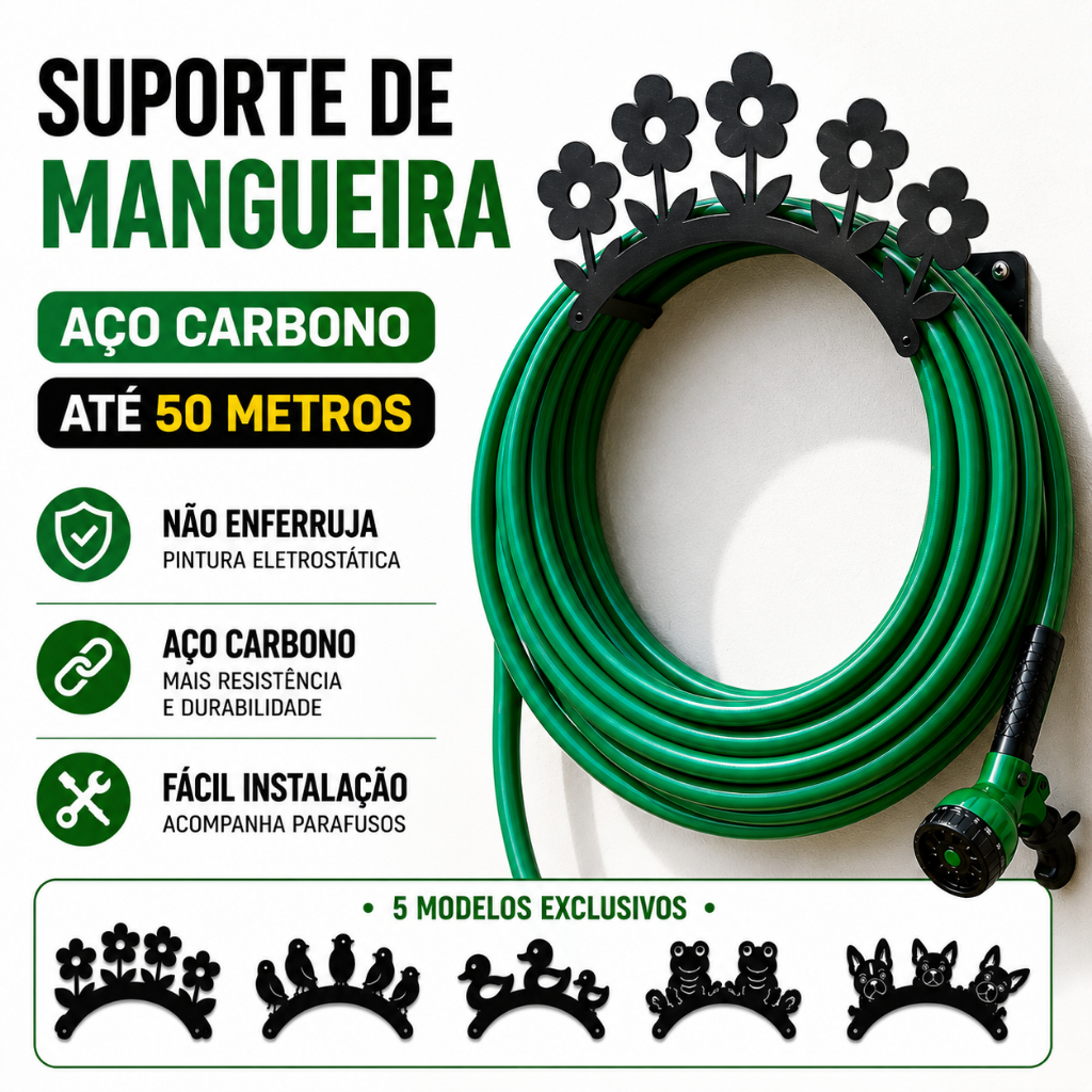 Suporte Porta Mangueira Jardim Piscina Quintal Externo Interno Aço / Ferro Reforçado Parede