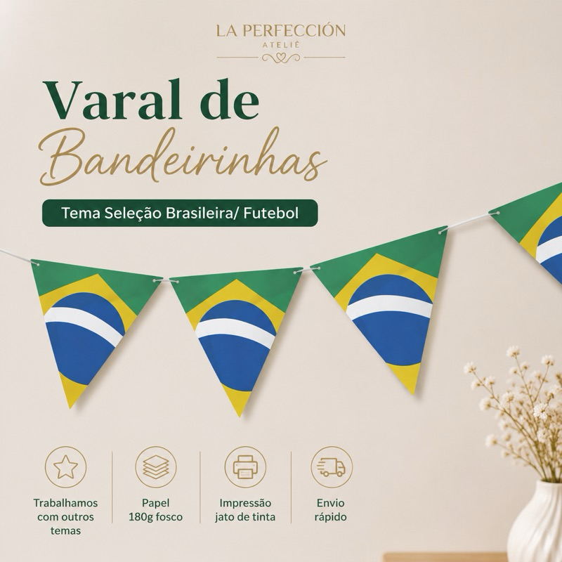 Bandeirinha Nome Futebol Tema Brasil | Varal Bandeirola Seleção Brasileira | Varal Bandeirinha