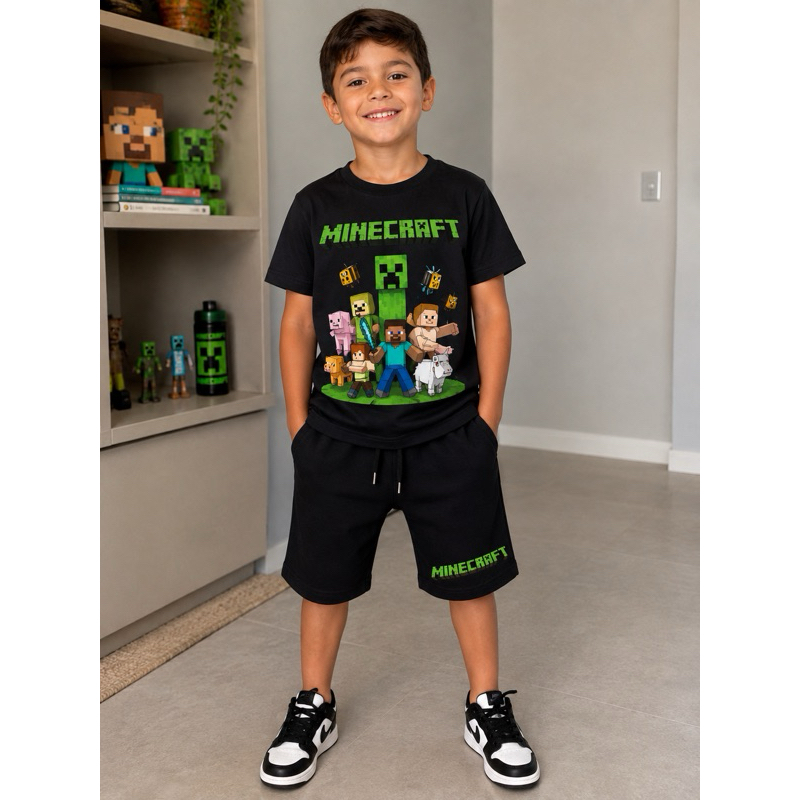 Conjunto Infantil Minecraft Camiseta 100% Algodão + Bermuda Moletinho Tam. 2 ao 16