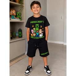 Conjunto Infantil Minecraft Camiseta 100% Algodão + Bermuda Moletinho Tam. 2 ao 16