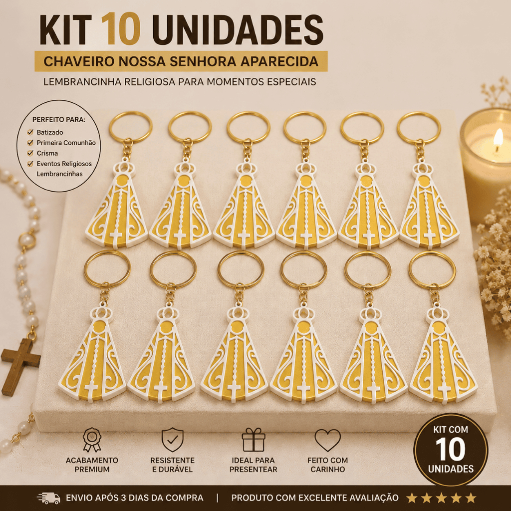 Kit 10 Chaveiros Nossa Senhora Aparecida Personalizado Lembrancinha Religiosa Batizado
