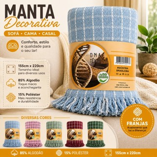 Manta Decorativa Sofá Cama Casal 155x220cm 85% Algodão 15% Poliéster com Franjas Xadrez Diversas Cores