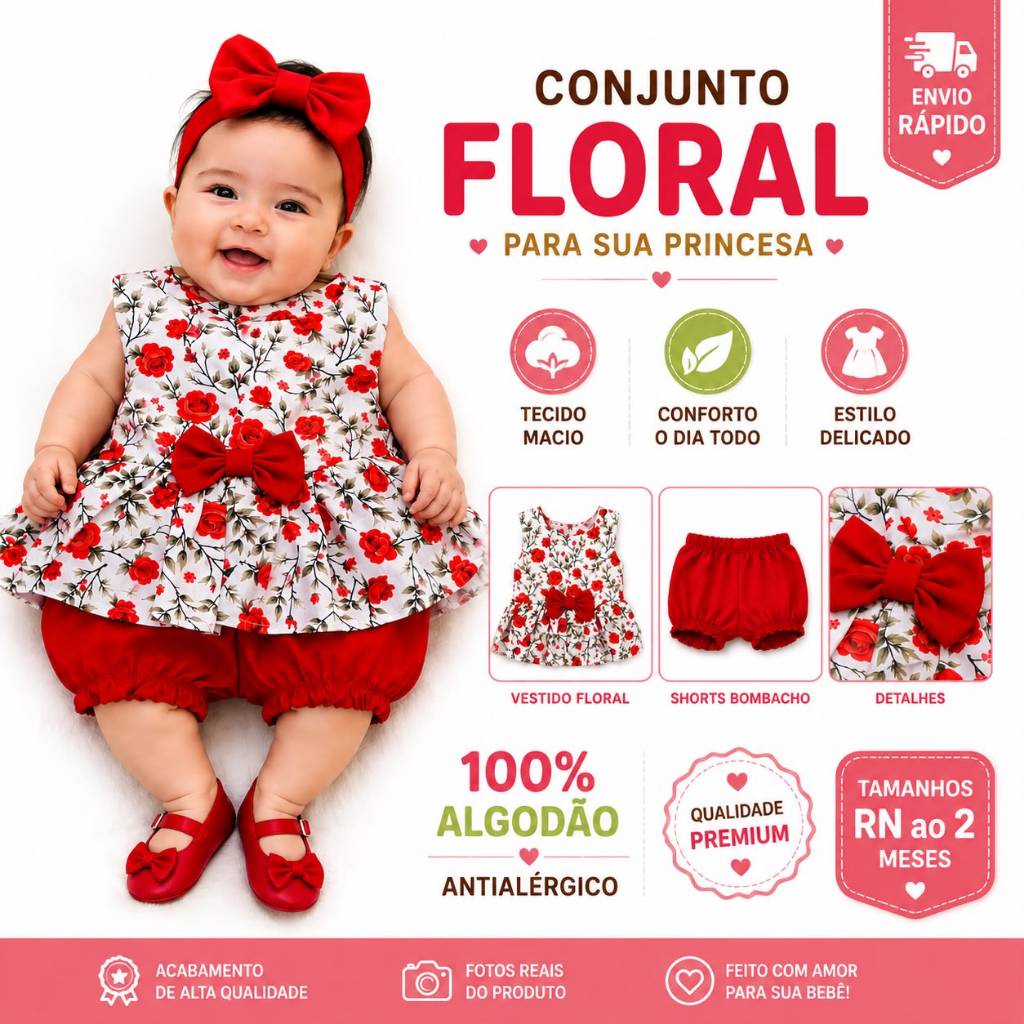 Conjunto Bebê floral feminino tecido 100% algodão estampado